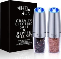 Gravity Salt and Pepper Grinder Set with Adjustable Coarseness Automatic Pepper and Salt Mill Set Battery Powered with Blue LED Light,One Hand Operated,Brushed Stainless Steel by CHEW FUN