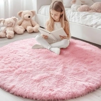 OLANLY Pink Round Rugs for Bedroom - Machine Washable, 5x5 Feet Circle Area Rugs for Living Room, Soft and Fluffy Shaggy Carpet for Teen Girls and Boys, Dorms, Nursery Rooms, Home Decor Aesthetic