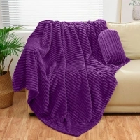 Bnuitland Dark Purple Flannel Throw with Storage Pouch,300GSM Super Soft Fleece Stripe Pattern Sofa Blanket for Adults and Kids, Lightweight Cozy Bed Throw for Home Decor All Season