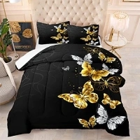 NINENINE Butterfly Comforter Set Full Size for Girls Boys Women, Black and Gold Bedding Silver Gold Bed Set with 1 Comforter 2 Pillowcases……