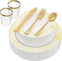 Plastic Plates, 150 Pieces Disposable Plates Plastic Dinnerware Set for 25 Guests: 25 Dinner Plates, 25 Dessert Plates, 25 Forks, 25 Spoons, 25 Knives, 25 Cups, Gold Party Plates