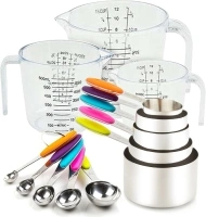 Measuring Cups and Spoons Set 13 Piece. Includes 10 Stainless Steel Measuring Spoons and Cups Set and 3 Plastic Measuring Cup. Liquid Measuring Cups Set and Dry Metal Measuring Cup Set