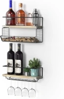 Wall Mounted Wine Rack Set of 2 - Wine Shelf with Mesh Basket and Glass Holder, Ideal for Home Decor & Kitchen Storage,Stylish Wine Bottle Holder and Wall Shelves,White Washed