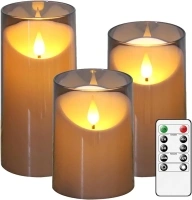 Fo32won Grey LED Flameless Battery Operated Candles with Remote Timer, Acrylic Flickering Electric Pillar Candles Controlled by 1*AA Battery, Set of 3 Beveled Candles Battery Operated with 3D Flame