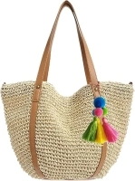 Straw Bag for Women Large Handwoven Bucket Tote with Tassel Slouchy Purse Summer Beach Handbag Wicker Rattan Round Woven Boho Shoulder