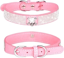 Rhinestone Dog Collar, Cute Dazzling Sparkling Soft Suede Leather Adjustable Pet Dog Cat Collar Crystal Diamond for Puppy Small Medium Large Dogs (S:27-33 cm, Pink-4)