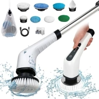 Electric Spin Scrubber, Cordless Bath Tub Power Scrubber with 8 Replaceable Drill Brush Heads, Shower Cleaning Brush with Adjustable Handle for Bathroom, Tile Floor & Car, White, (ANS-8050)