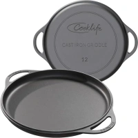 12 Inch Smooth Cast Iron Griddle with Pan Scraper and Mesh Dish Scrubber, Round Pre-Seasoned Griddle Pan for Stove Top, Dishwasher & Oven Safe Pizza Pan