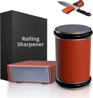 Rolling Knife Sharpener Elebe, Fancy and Accurate Dispenser Kit with Wheels Knife Sharpener Stainless Steel, Wood Color Sharpening Angles 15/20