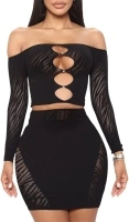 Skirt Sets Women 2 Piece Outfits Sexy Mesh See Through Hollow Out Off Shoulder Patchwork Matching Sets for Women Club