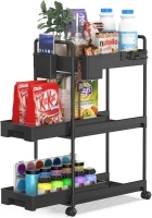 SPACEKEEPER Rolling Storage Cart, Slide Out Bathroom Organizer 3-Tier Laundry Room Organization Shelf Mobile Utility Cart with Hanging Cups, Dividers for Kitchen Bathroom Narrow Spaces, Black