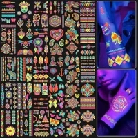 32 Sheets Glow in the Dark Temporary Tattoos, Glitter Tattoo Kit, 180+ Styles Fluorescence UV Neon Fake Waterproof Flash Tattoos for Women Men, Adults Rave Festival Accessory Party