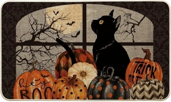 Artoid Mode Boo Black Cat Pumpkins Halloween Doormat, Seasonal Low-Profile Floor Switch Mat for Indoor Outdoor 17x29 Inch