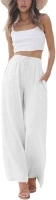 Linen Pants Women Summer Palazzo Pants Flowy Wide Leg Beach Trousers with Pockets