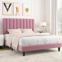 Allewie Queen Size Velvet Upholstered Bed Frame with Vertical Channel Tufted Headboard, Pink