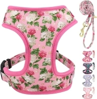 Beirui Cute Floral Pattern Girl Dog Harness and Leash Set, Adjustable Soft Mesh Dog Vest Harness with 5ft Leash for Puppy Small Medium Dogs,Pink-1,M：Chest 17-23"