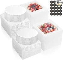 20 Pcs Cake Boxes with Window, 10” x 10” x 5” White Tall Bakery Box Set (20pcs Boxes & 20pcs Boards), Paperboard Cake Baker Box for Bakery, Cakes, Pastries