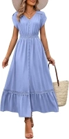 dowerme Women Summer Dresses 2024 Petal Sleeve V Neck Hallow Out Button Down Smocked A-Line Lace Flowy Slit Maxi Dress