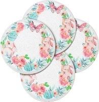 Round Braided Placemats Set of 4 Easter Red White Green Multi, Rabbit Butterfly Design Round Placemats for Dining Tables Kitchen Decoration 13 inch Round Table Mats - (50% Cotton & 50% Polyester)