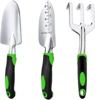 Garden Tool Set, 3 Piece Gardening Tools Includes Garden Trowel, Transplant Trowel and Hand Rake with Non-Slip Ergonomic Handle, Heavy Duty Gardening Kit for Gardening Planting, Gardening Gifts