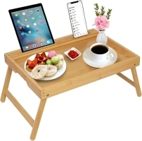 Bed Tray Table with Handles Folding Legs,Bamboo Breakfast Food Tray with Media Slot,Use As Platter,Laptop Desk,Snack,TV Tray Kitchen Serving Tray