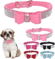 Pink XS Dog Collar with Bowtie, Rhinestone Dog Collar Crystal Jeweled Pretty Girl Bows Cat Collars Sparkling Glitter for XXS XS Small Dogs,X-Small