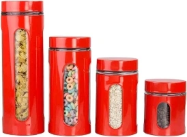 Home Basics Retro Kitchen Canisters For Countertop (4 Piece Set) Red Glass with Metal Finish; See-Through Windows; Great For Flour, Coffee, Sugar, Dry Ingredients, Snacks