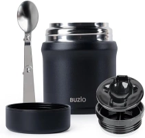 BUZIO Kids Food Jar 10 oz, Stainless Steel Lunch Container for Hot & Cold Food, Leak Proof Food Jar with Folding Spoon for School Office Travel, Black