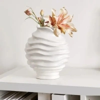 8 Inch Handmade Snowflake Glaze White Ceramic Vase,Asymmetric Wave Patterns White Vase for Modern Home Decor on Tables Shelves Living Room Office,White Flower Vase for Nordic Art Pampas Grass