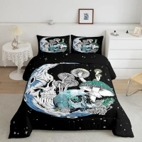 Castle Fairy Kids Mushroom and Moon Comforter Set Full Size,Gothic Skull Stars Space Bedding Comforters Room Decor,Mystical Galaxy Skeleton Plant Quilt Set with 2 Pillowcases,Teens Present