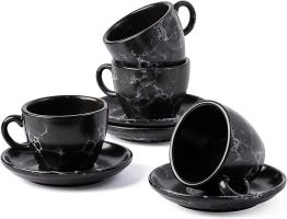 SIDUCAL Espresso Cups Set of 4,6 Ounce Ceramic Coffee Cups with Saucers,Porcelain Double Espresso Cup Set,Gift Box for Boyfriend Gift(Black)