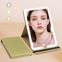 Lighted Makeup Mirror, Travel Makeup Mirror with 3 Color Lights, PU Leather Vanity Mirror with Lights of 8x5.5inch, Desktop Makeup Mirror with Lights 1500mAh Folding Travel Mirror, LED Cosmetic Mirror