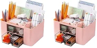 2PCS Desk Organizer with 2 Drawers, Office Supplies Organizer for Desk, Cute Desk Accessories with Plastic, Pen Holder for Desk Countop, Pink