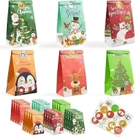 Christmas Treat Bags - 24 PCS Christmas Gift Bags with Christmas Stickers | Christmas Bags for Gifts | Christmas Party Favors for Kids | Small Christmas Gift Bags Assorted Sizes Baskets Decorations