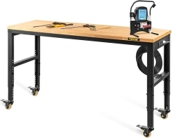 VEVOR Adjustable Workbench, 48" L X 24" W Garage Worktable with Universal Wheels, 28-39.5" Heights & 2000 LBS Load Capacity, with Power Outlets & Hardwood Top & Storage & Foot Pads, for Office Home