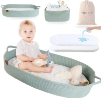 Baby Changing Basket with Diaper Caddy - Sage Green Moses Basket for Babies - Cotton Rope Diaper Changing Basket - Baby Diaper Changing Pad for Dresser - Changing Table Topper for Dresser - Toodly