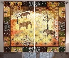 Ambesonne African Curtains, Patchwork Inspired Pattern Grunge Vintage Featured Elephants Trees Roses Print, Living Room Bedroom Window Drapes 2 Panel Set, 108" X 84", Brown Green