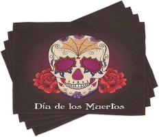 Ambesonne Day of The Dead Place Mats Set of 4, Dia de Los Muertos Words Spanish Skull Dead Head Skeleton Vivid Print, Washable Fabric Placemats for Dining Table, Standard Size, Cream Plum