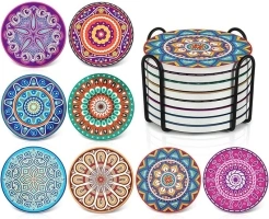 Darate Absorbent Coasters with Holder Set of 8, Coasters for Drinks, Unique Housewarming Gift, 4 Inch Round Coaster for Bedroom, Home, Office, Bar, Dining Room, Living Room, Kitchen (Mandala)