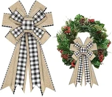 ALIBBON Large Christmas Bows for Wreaths, Christmas Wreath Bows, White Black Buffalo Plaid Bows, Flaxen Bows for Front Door, Christmas Decor, Burlap Bows for Wreath Indoor Outdoor Wall Decorations