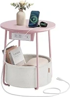 VASAGLE Side Table with Charging Station, Round End Table With Fabric Basket, Nightstand with Power Outlets USB Ports, for Living Room, Bedroom, Modern, Jelly Pink and Cream White ULET228R01