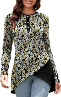 Womens Long Sleeve Shirts Fall Tops Dressy Casual Blouses Floral Slim Fit Button Crewneck Split Hem Tunic Tops