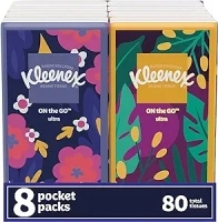 Kleenex On-The-Go Facial Tissues, 8 On-The-Go Packs, 10 Tissues per Box, 3-Ply (80 Total Tissues), Packaging May Vary