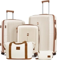 Joyway Luggage Sets 5 Piece Suitcase Set, PP Hardshell Carry on Suitcase Set, Travel Suitcases with Double Spinner Wheels and TSA Lock, Beige Brown