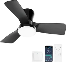 Black Flush Mount Ceiling Fans with Lights and Remote 32 Inch Low Profile Led Lights for Bedroom Bladeless Fan for Bedroom Kids Room and Living Room Ceiling Light Fixture