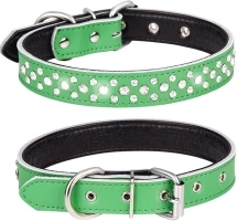 Rhinestones Dog Collar, Adjustable Sparkly Crystal Studded Genuine Leather Pet Dog Collar for Small and Medium Breeds (S fit Neck 11-13", Green)