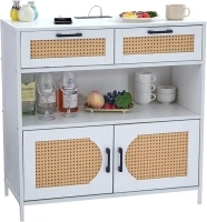 LIDYUK Sideboard Buffet Cabinet with Charging Station, Kitchen Storage Cabinet with Rattan Doors, Cupboard Console Table Sideboard Cabinet for Dining Room Hallway, White