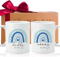 New Dad & Mom Est 2024 Coffee Mugs, Rainbow Coffee Mugs Gift For New Mommy Daddy, First Time Mom Dad Gift Set of 2, Boy New Parents Gift Pregnancy Announcement, Baby Reveal Mug-m159