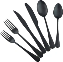 Gugrida 24-Piece Titanium Black Plated Stainless Steel Flatware Set, Travel Cutlery Include Knife Fork Spoon Service for 4,Healthy & Eco-Friendly Silverware - Matte Elegant Modern Eating Utensils