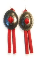 Red Soft Suede Leather Tassel Earrings 3 Inch Cowgirl Western Concho Shield Antiqued Silver Finish